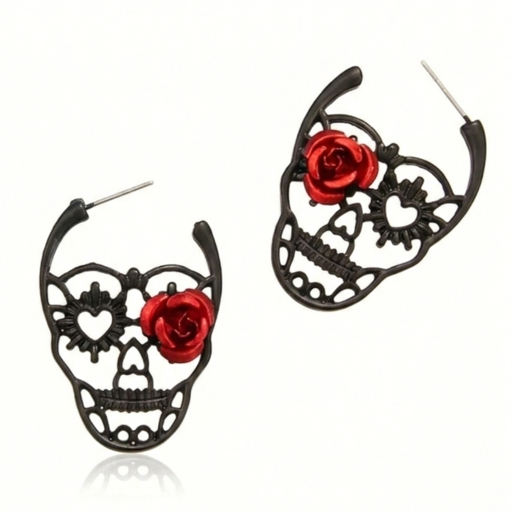 🆕️ Black Skull Earrings with Red Rose NWOT